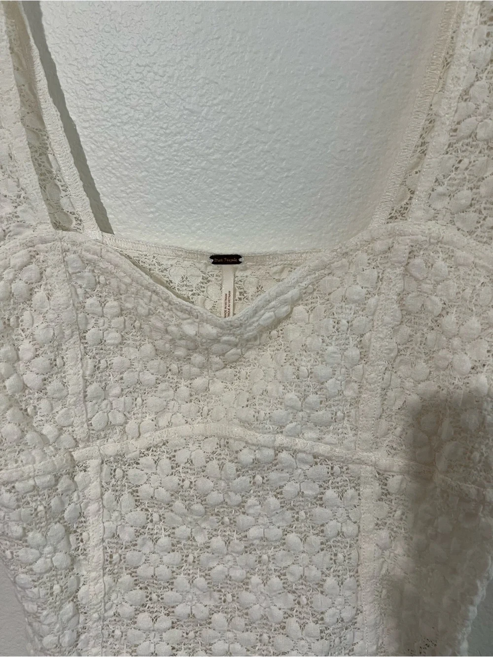 Free People Ivory Lace Square-Neck Puff Sleeve Top